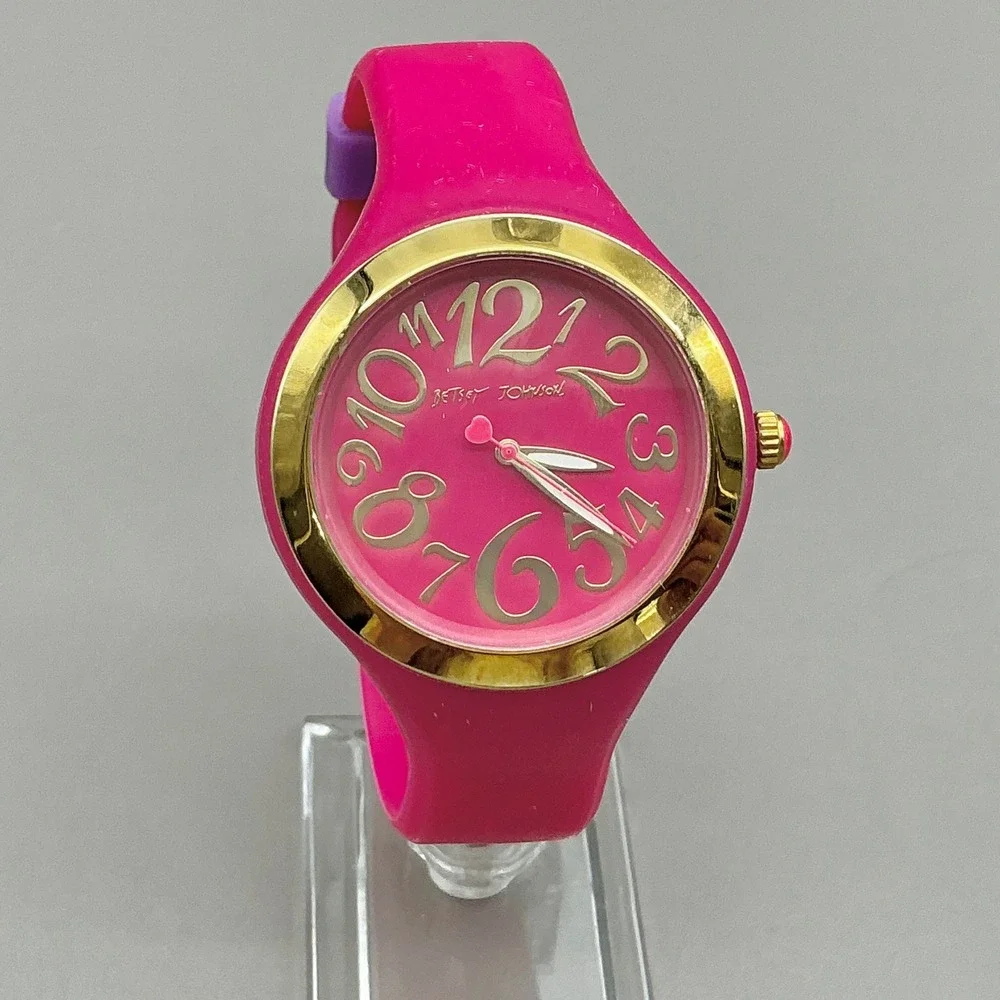 Betsey Johnson Watch Hot Pink Gold Tone Oversized Numbers Quartz NEW BATTERY